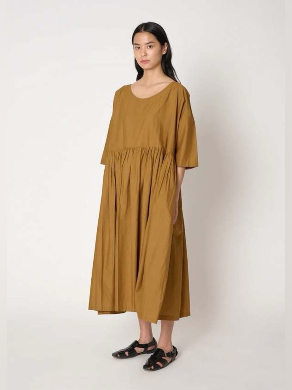 Shaina Mote Inesa Dress Cumin Brown Scoop Neck Gathered Boxy Lagenlook One Size